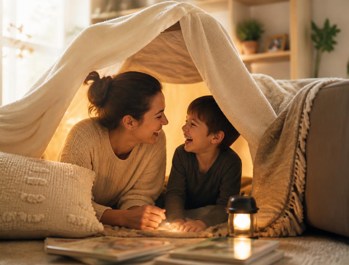 Mother and son laughing inside a blanket fort